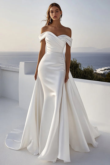 Satin Off The Shoulder Ivory Wedding Dress With Sash